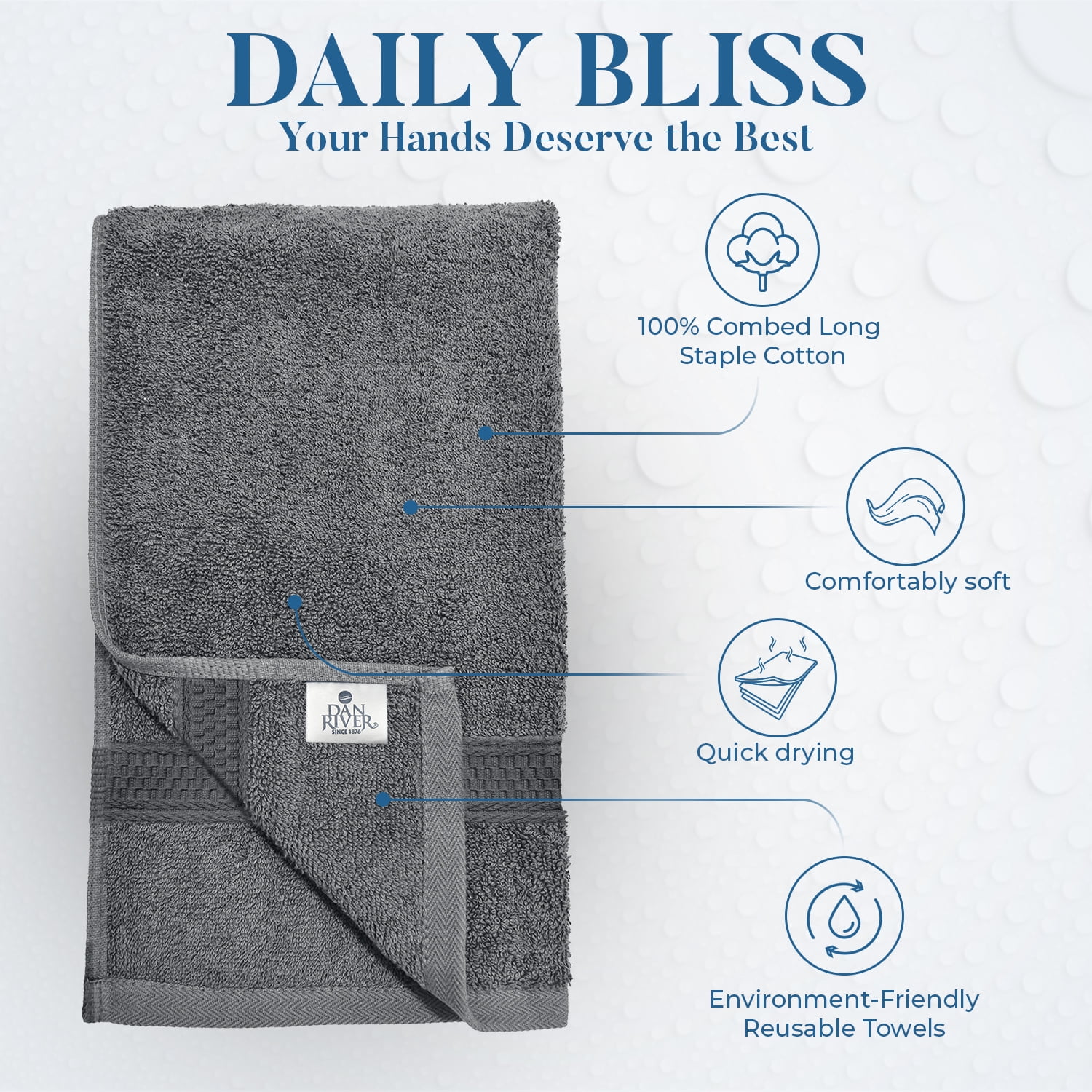 Dan River Hand Towel pack of 6 Quick Dry And Absorbent Cotton Towels for Bathroom - Gray 16x28in