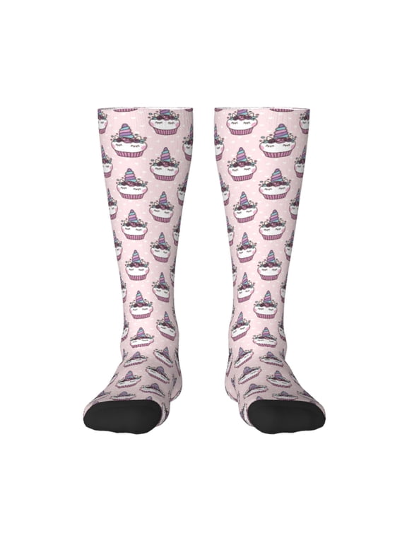 Vsdgher Cute Cupcake Print Thigh High Socks Extra Long Stretchy Sock Women Over Knee High Opaque Stocking Daily Wear