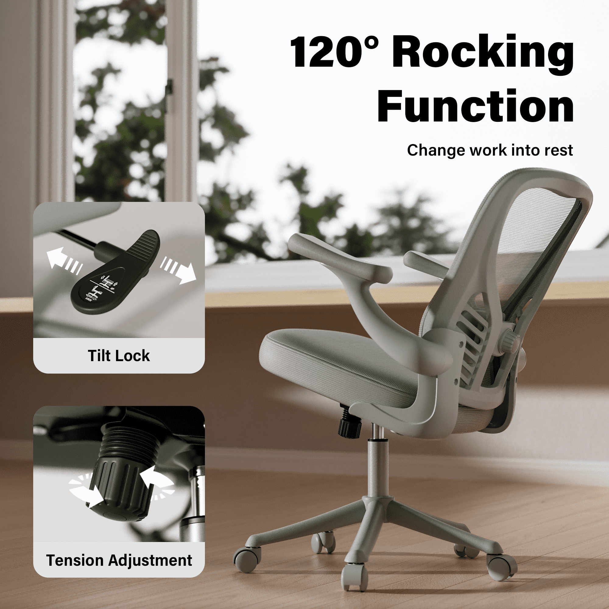 HomeZeer Ergonomic Office Chair, Home Desk Chair with Lumbar Support, Flip-up Arms Mesh Office Chair, Grey