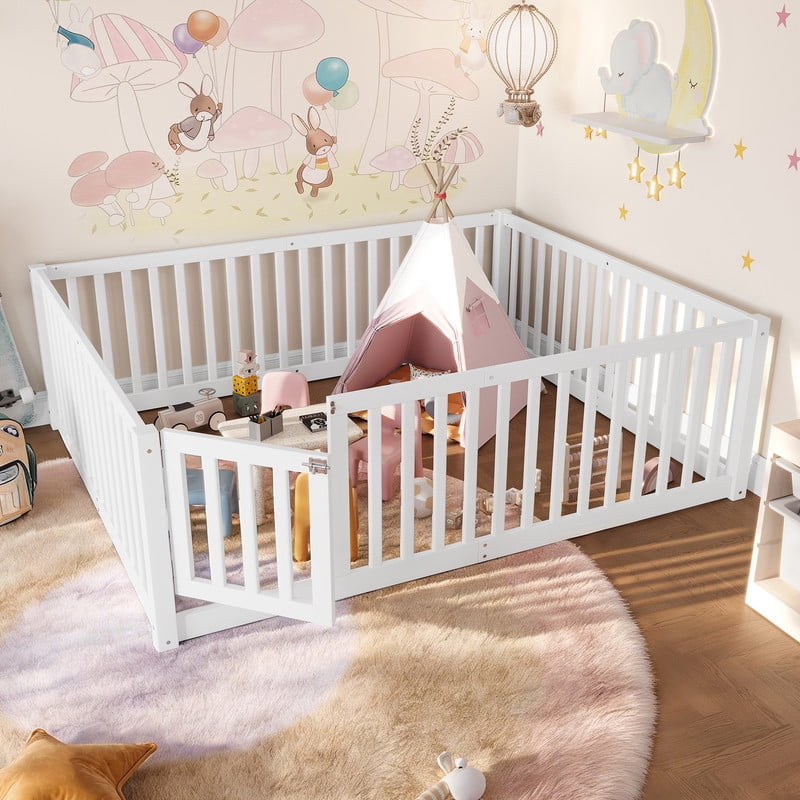 Bellemave Full Montessori Bed Frame, Wood Full Size Floor Bed with High Fence Rails, Full Beds Frame for Bedroom Playroom(White)
