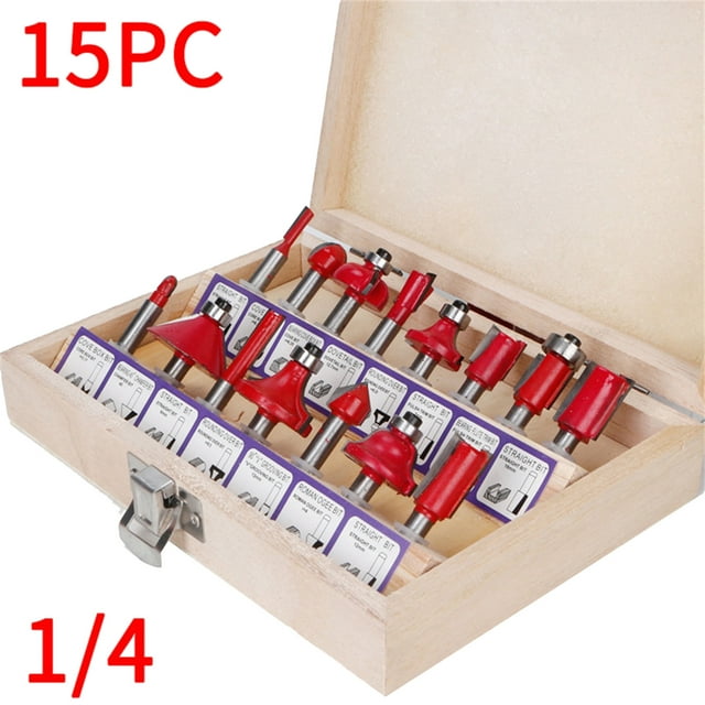 Juego de brocas para enrutador, Kit de fresas para carpintería, acero al carbono para recortar máquina de grabado, vástago de 1/4, 15 Uds.