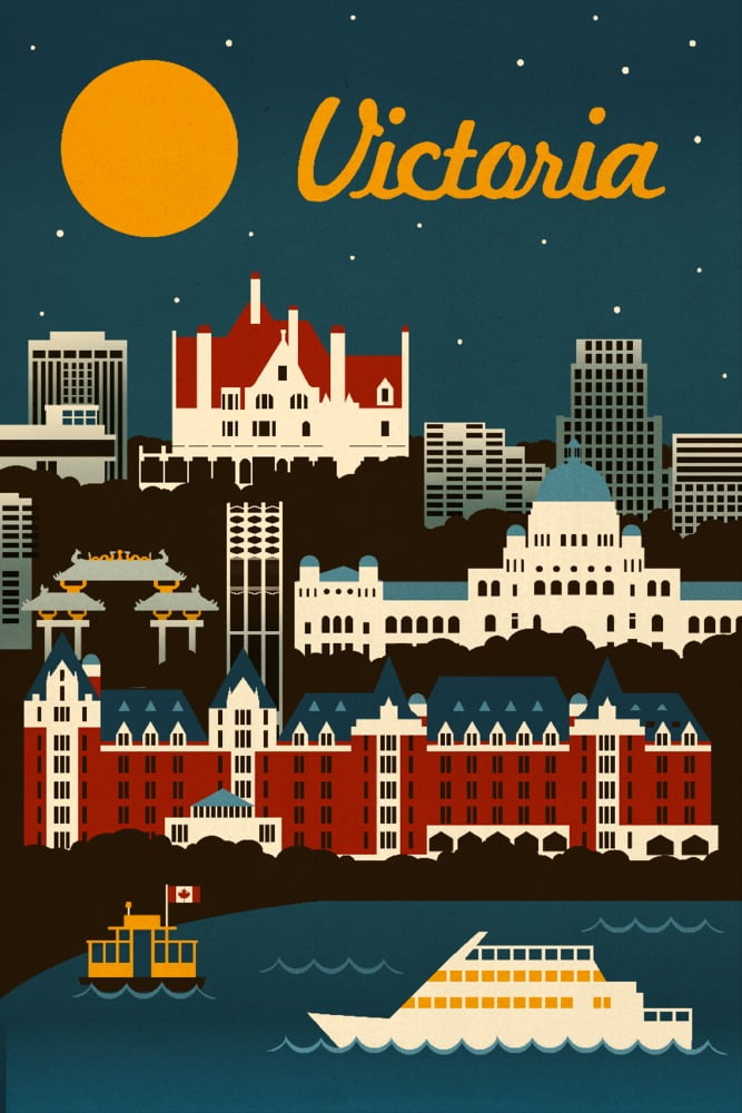 Victoria, British Columbia, Retro Skyline (9x12 Wall Art Print, Home