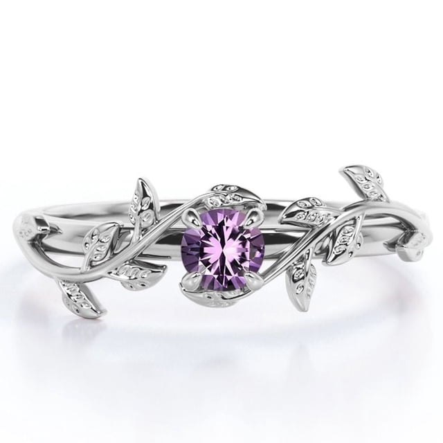 JeenMata Anillo de Compromiso con Solitario de Amatista Violeta de Corte Redondo de 0,50 Quilates Creado en Laboratorio con Diseño Bohemio en Baño de Oro Blanco de 18 K sobre Plata