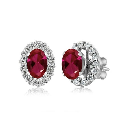- 1.72 Ct Oval Red Created Ruby 925 Sterling Silver Stud Earrings with Jackets
