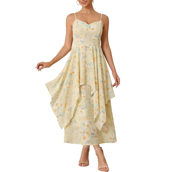 DARING DIVA Women's Easter Floral Chiffon Ruffles Tiered Spaghetti Strap S Light Yellow