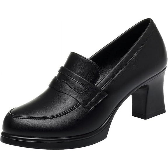 Women's Leather Chunky Heel Loafer Pumps Closed Round Toe Slip On Mid Heel Penny Loafers Office Business Work Dress Shoes