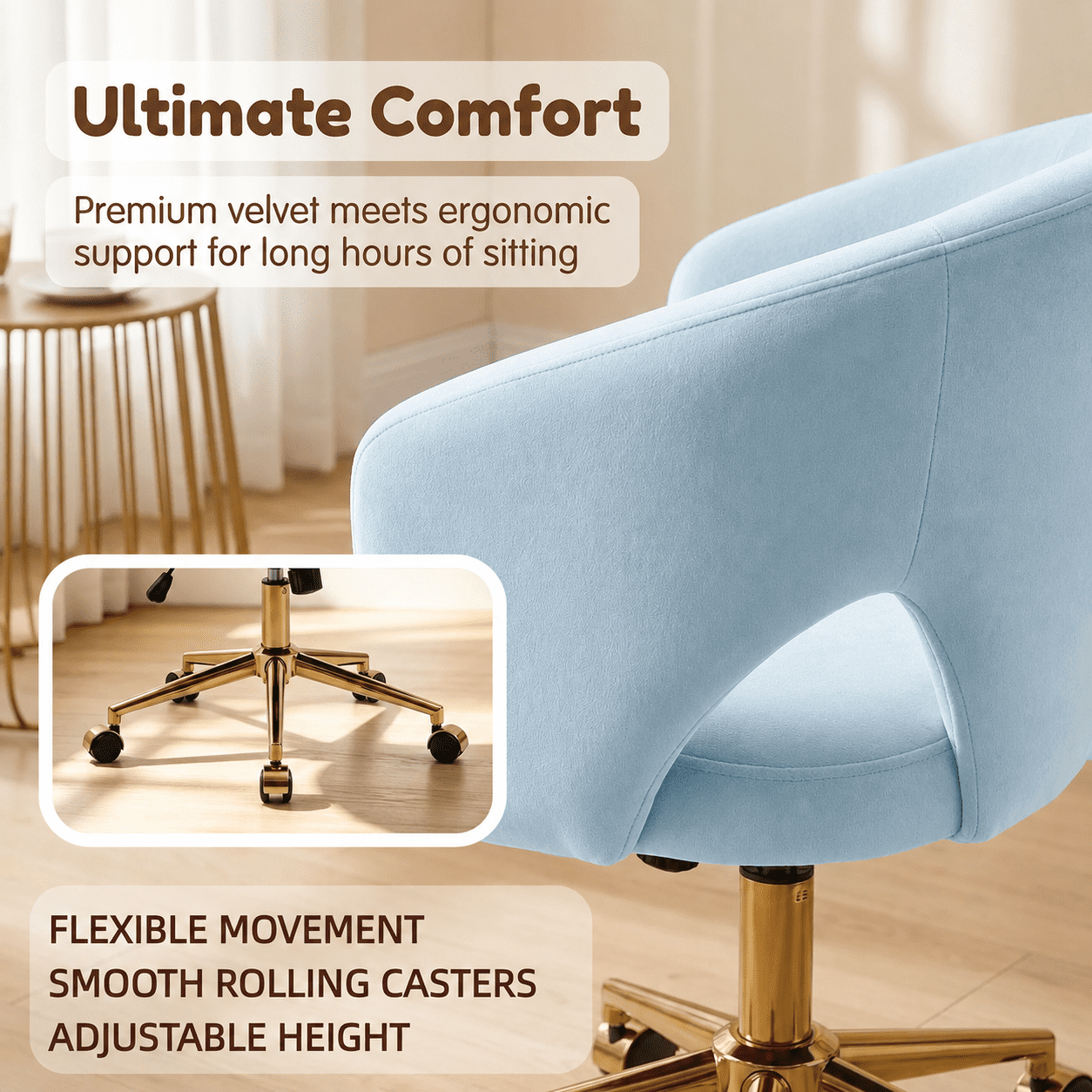 Garitin Office Chair and Ergonomic Swivel Desk Chair 23.6 Inch, Comfortable Seating with Memory Foam Cushion for Home Bedroom, Blue