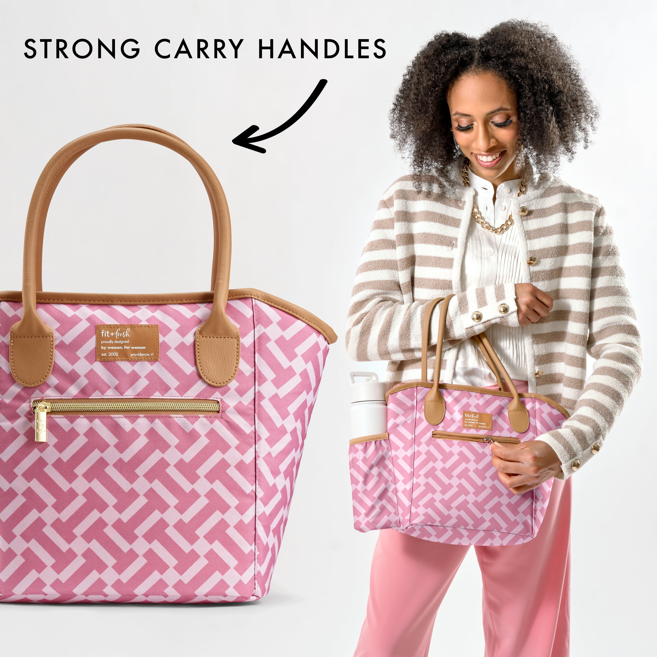 Fit & Fresh Beechwood Lunch Bag for Women, Women's Large Reusable Lunch Tote, Includes Containers and XL Slim Ice, Pink, a Practical and Fashionable Choice for School, Office, Travel and Activities