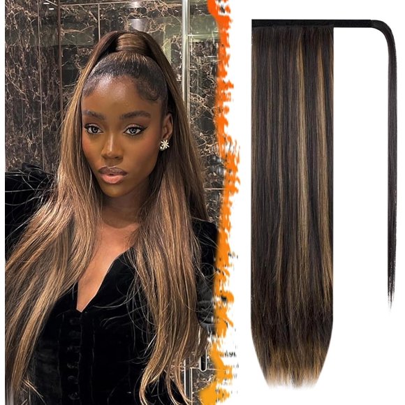 shiyou-Dark Brown Highlight Straight Ponytail Extension - 30 Inch Long Straight Wrap Around Ponytail for Women, Synthetic Clip in Pony Tails Hair Extensions Hairpieces Daily