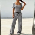 thumbnail image 5 of Pounoo Women's Loungewear Sets Ribbed Square Neck Stripe Short Sleeve Top And Wide Leg Pants Two Piece Outfits Daily Wear Soft Stretchy Comfortable Loungewear Gift, 5 of 6