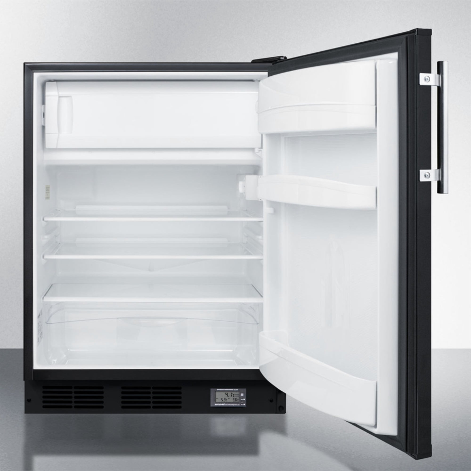 Built-in undercounter ADA compliant break room refrigerator-freezer in black with NIST calibrated thermometer and alarm