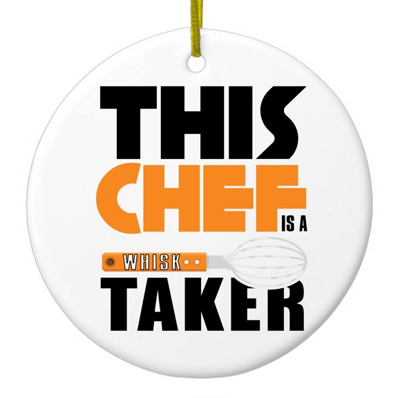 DistinctInk Hanging Ceramic Christmass Tree Ornament with Gold String - Great Gift / Present - 2 3/4 inch diameter - This Chef is a Whisk Taker