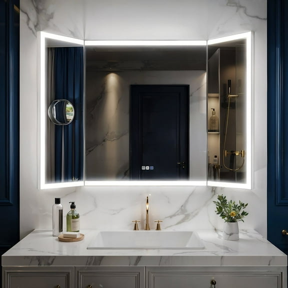 TriFold 54" W x 36" H LED Lighted Three Ways Bathroom Mirror, Front & Back Lighting, with Movable Magnifying Mirror