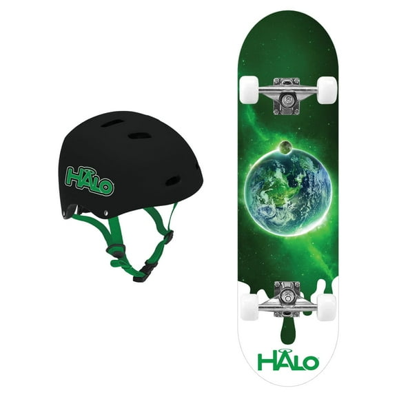 Halo Rise Above Skateboard Combo - Green Terra Skateboard with Double Kick-Tail Deck and 60mm Wheels   1 Black Skateboarding Helmet with Adjustable Sizing - Designed for All Riders - Unisex