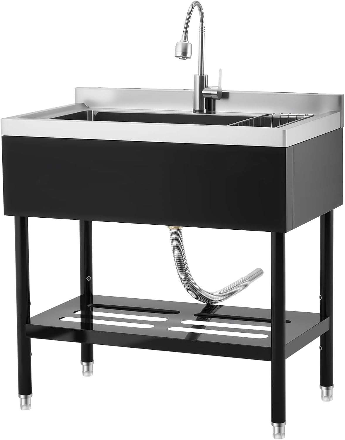 Acekid 36 x 20 x 35.5 Inch Utility Sink - Freestanding Commercial Stainless Steel Sink, Adjustable Leg with Hot/Cold Faucet, Hoses & Drain Kit, for Kitchen/Garage/Bathroom/Outdoor, Black