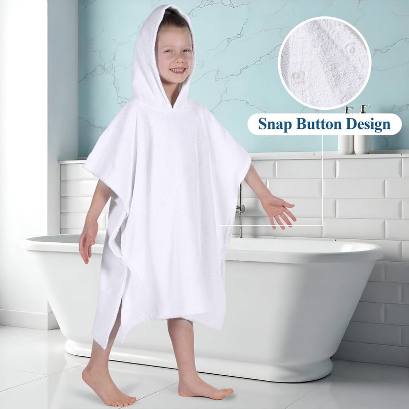 Superior Lyron Kids Cotton Terry Medium Weight Hooded Poncho Bath Towel, Large, White