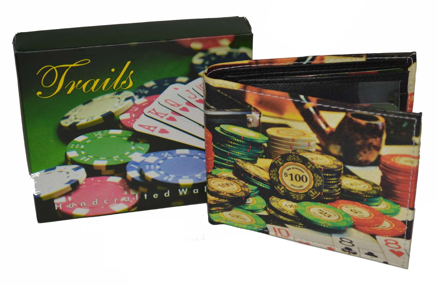 Mens Bifold Exotic Wallet Picture Casino Poker Chips with printed gift box.