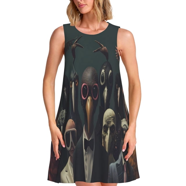 Balery Stylish Avian Gathering Vestidos de verano para mujer con estampado: vestido holgado sin mangas, vestido playero informal y cómodo para días calurosos.