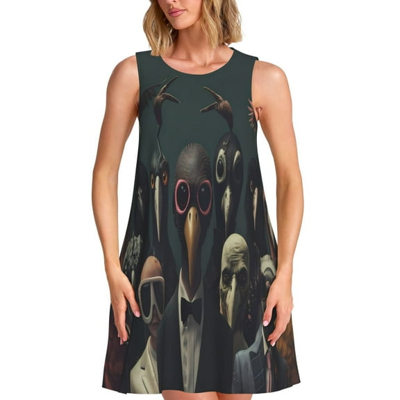 Picia Stylish Avian Gathering Print Women’s Sleeveless Midi Swing Dress – A-Line Pleated Tank Sundress, Comfortable and Flowy T-Shirt Dress