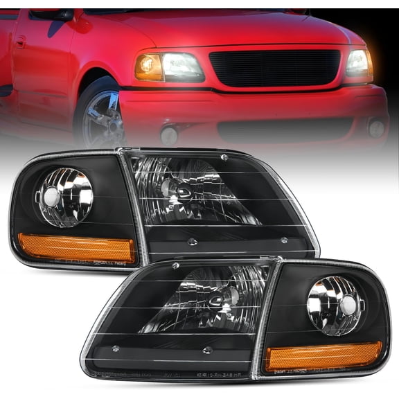 Nilight Headlight Assembly Compatible with 1997 1998 1999 2000 2001 2002 2003 Ford F-150 Expedition Black Housing Amber Reflector
