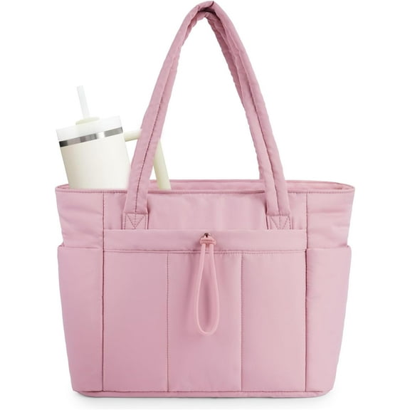 Puffer Tote Bag with Cup Holder & Laptop Compartment & Trolley Sleeve for Travel, Work, Nurse, Women-Pink