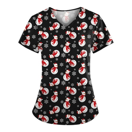 

Chiccall Women s Christmas Costume V-Neck Short Sleeve Nursing Uniform Xmas Snowflake Tree Snowman Tree Printed Workwear Holiday Casual Graphic Tees Blouse Scrubs Tops with Pockets on Clearance