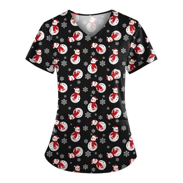 EGNMCR Hauts de Sarrau d'Infirmière pour Femmes, Uniforme de Travail Imprimé de Noël, Manches Courtes, Col en V, Blouse T-shirt de Tenue de Travail avec Poches, Costumes de Noël