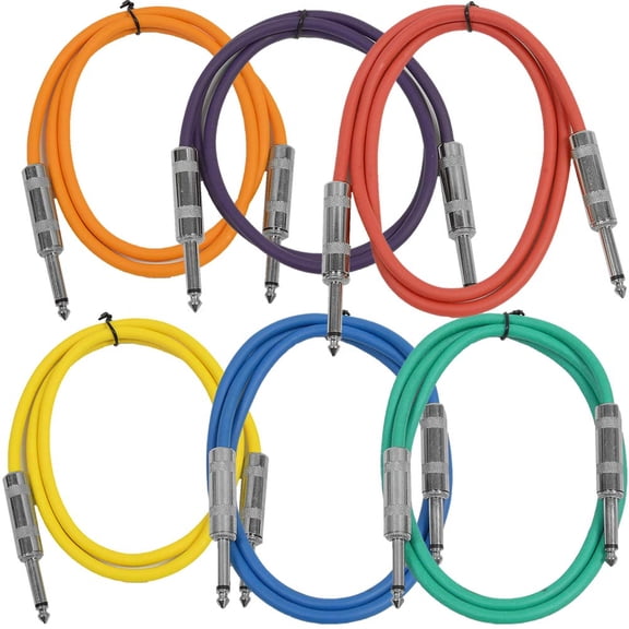 Seismic Audio  New 6 PACK Colored 1/4" TS 2' Patch Cables - Guitar - Instrument Multi-Colors - SASTSX-2BGORYP