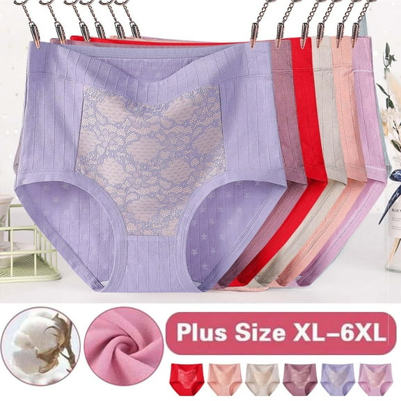 Cotton Underwear for Women Plus Size, Xunlbb Women's Solid Lace Plus Size XL-6XL Casual High Waisted Cotton Underwear Ladies Soft Full Briefs Panties Soft Breathable Super Stretchy Ladies Briefs