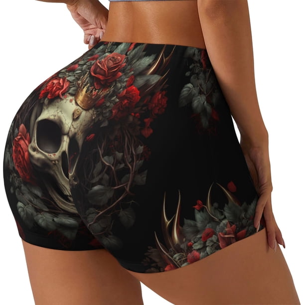 Balery Classical Rose Crown Skull Pantalones cortos de entrenamiento estampados para mujer, sin costuras, ajustados, para gimnasio, yoga, correr, deportes, ejercicio activo, fitness.-XX-Large