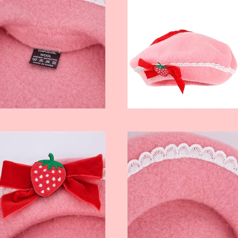 3752 Women\'s Wool Strawberry Hat, Pink Beret Bowknot With Pearls Women main image 3