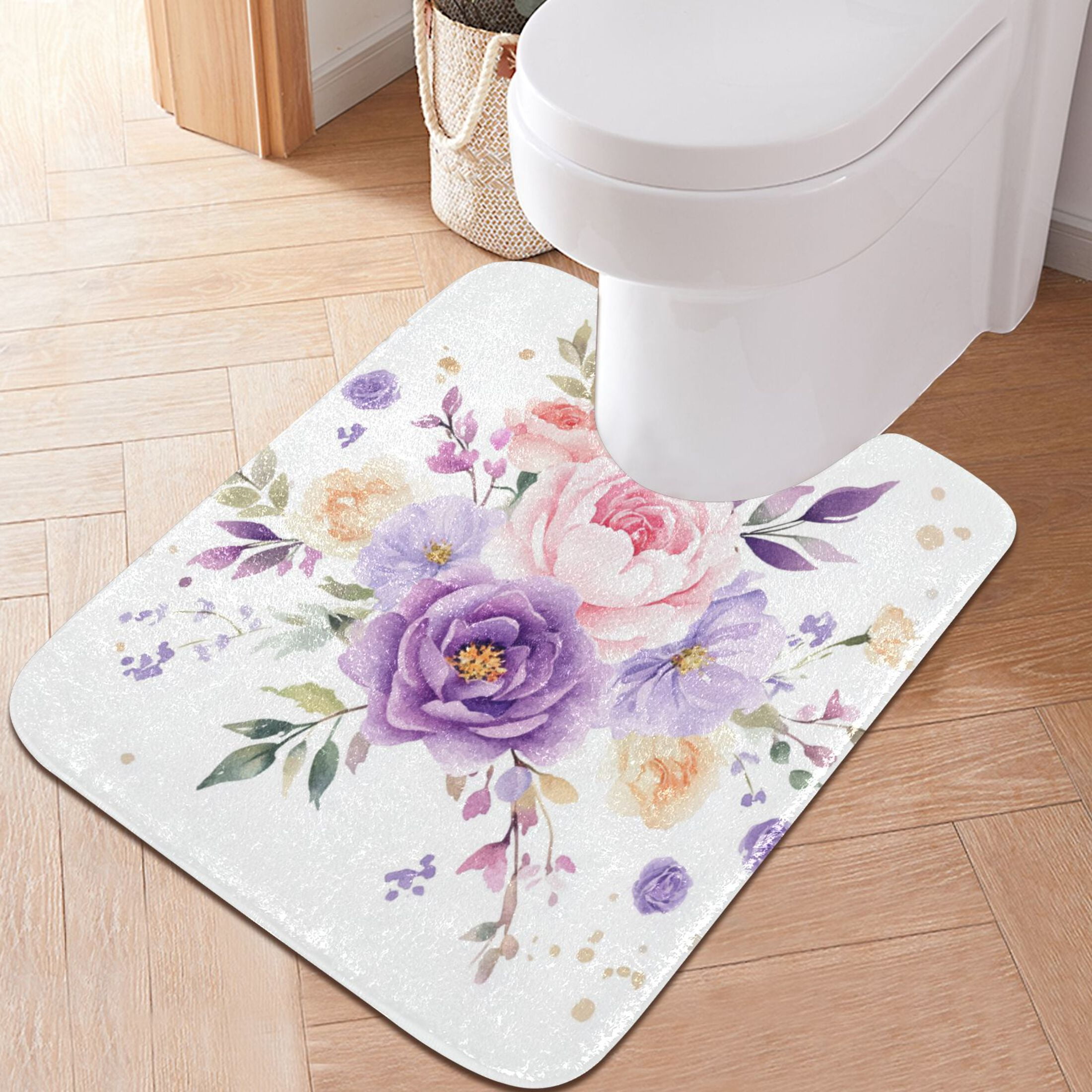 2 Piece Soft Bathroom Rug Set Purple and Pink Roses Bath Mat and U-Shaped Toilet Contour Rug (16"x24"+20"x24")