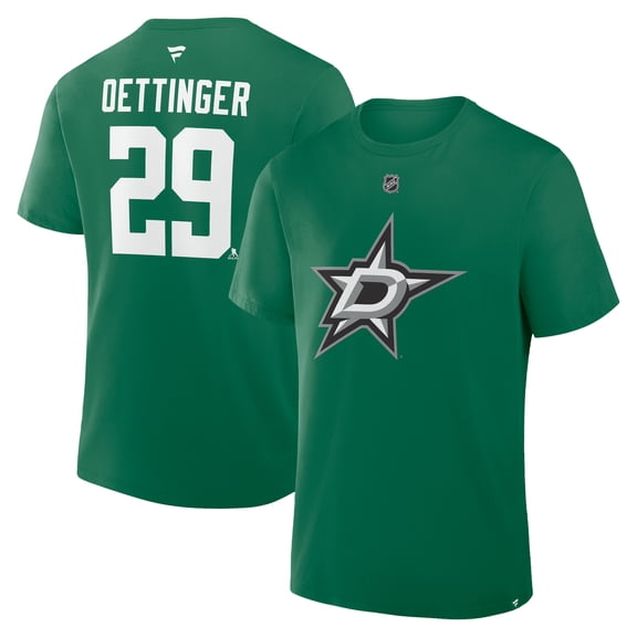 Men's Fanatics Jake Oettinger Kelly Green Dallas Stars Authentic Stack Name & Number T-Shirt
