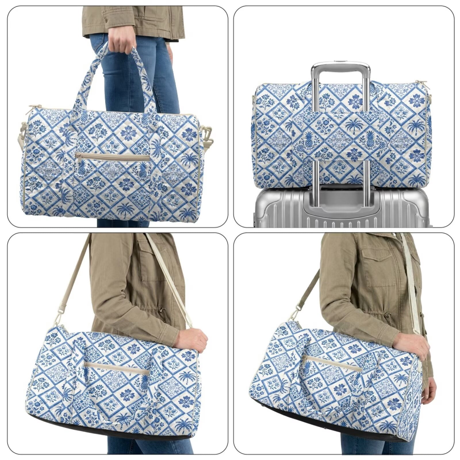 Pzuqiu Blue Floral Quilted Weekender Bag for Women Polyester Fabric Large Capacity Puffer Travel Duffle Carry On Tote with Luggage Sleeve for Gym Overnight Trips Versatile