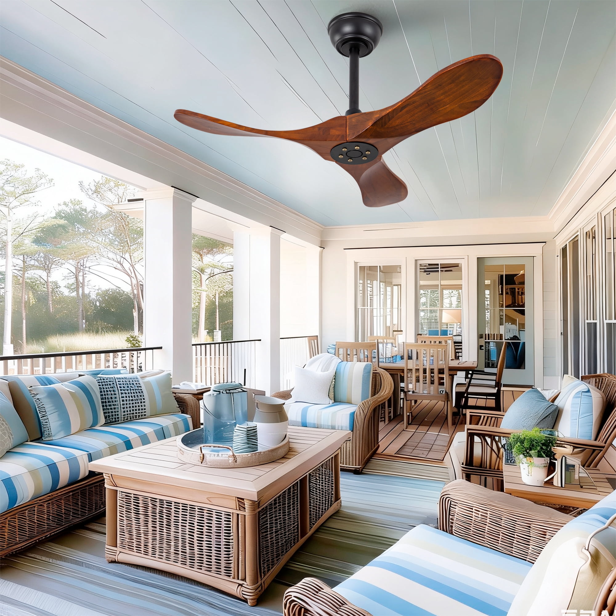 Ceiling Fan No Light, 36 Inch 3 Blades Solid Wood Outdoor Fan with Remote Control for Patio Living Room Bedroom, Black Dark Walnut