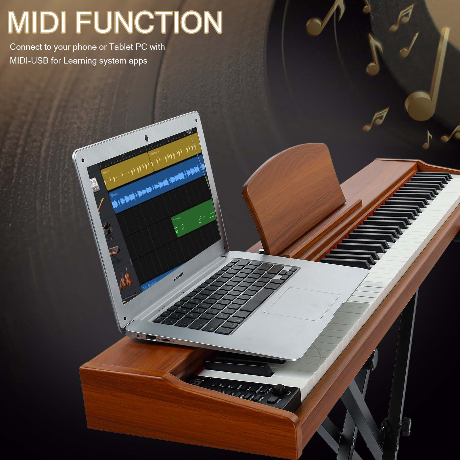 Zimtown Wooden Digital Piano with Sheet Music Rest, Standard Keyboards, Walnut