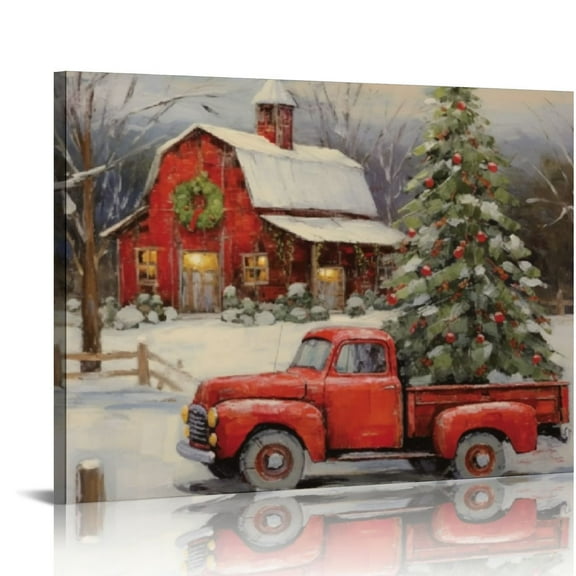 COMIO Christmas Canvas Wall Art Print - Old Barn, Truck, Cardinals, Tree and Lights in Snow - Rustic Holiday Home Decor Artwork