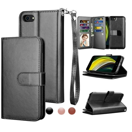 Njjex Wallet Cases for 4.7" iPhone SE 2020 / iPhone 8 / iPhone 7, Njjex [Wrist Strap] Luxury PU Leather Wallet Flip Protective Case Cover with 9 Card Slots & KickStand -Black