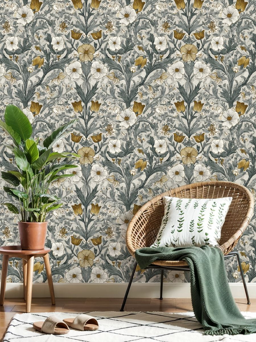 Peel and Stick Wallpaper Botanical Floral Gold White Blooms Soft Gray Wall Mural 23.6in x 9.8ft Self Adhesive Removable Wall Paper Renter Friendly Wallpaper for Girls Women Bedroom Livingroom