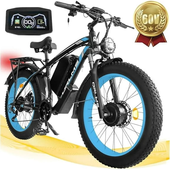 SMLRO ORLMS TS60 Electric Dirt Bike, 2000W Peak 60V 25AH Dual Motor Ebike for Adult, 45 MPH E-Bicycle with 26" Fat Tire All Terrain, Front Suspension & Hydraulic Disc Brake, 21-Speed Long Range