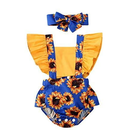

Styles I Love Baby Girl Sunflower Print Ruffle Open Back Romper Sunsuit with Headband 2pcs Set Summer Outfit