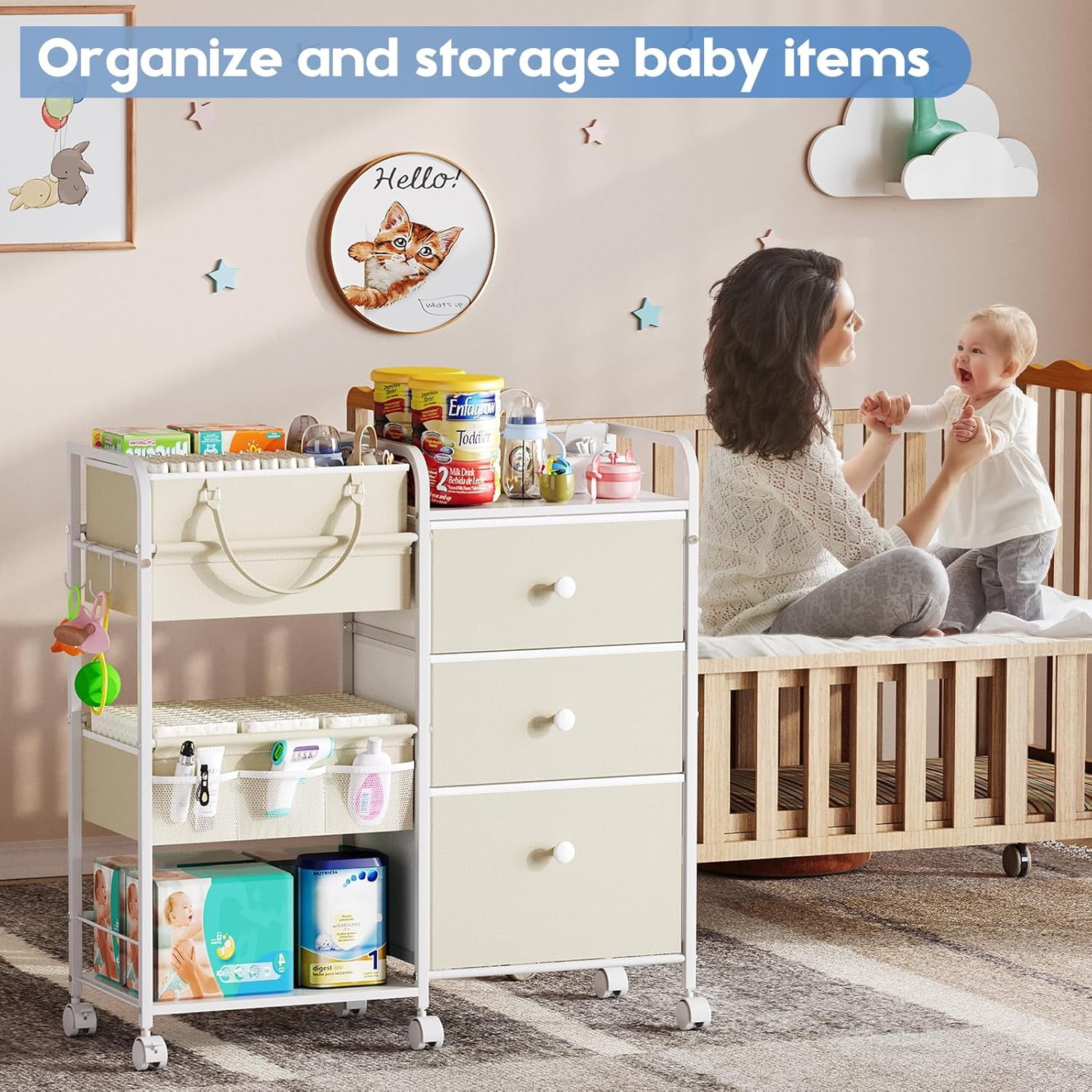 X-COSRACK 2-in-1 Baby Diaper Caddy Organizer, 3-Tier Heavy Duty Rolling Nursery Cart with Removable Basket & Drawers, Mobile Utility Storage Cart for Changing Table, Crib & Bedroom