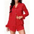 thumbnail image 2 of LMLYSoH Women's Satin Outfits Solid Color Lapel Long Sleeve Tops with Feather Cuffs + Shorts Set Fashion Clothes, 2 of 8