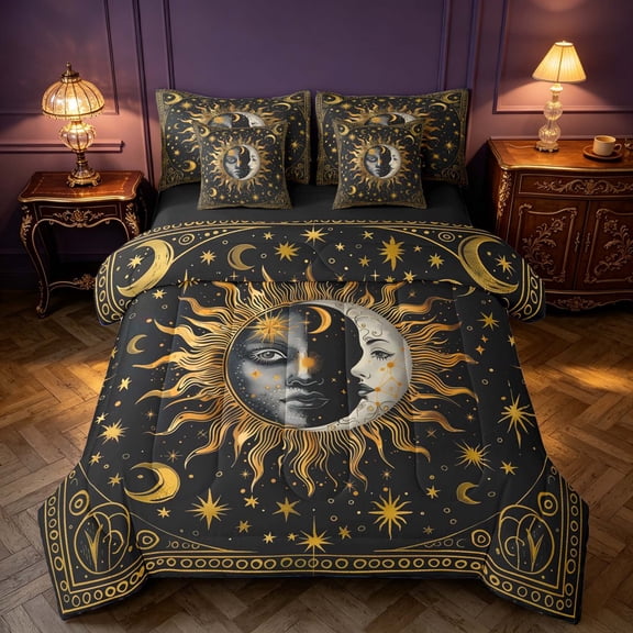 Homewish Hippie Sun Moon Twin Bedding, Glitter Stars Bedding Comforter Set, Black Gold, Black Reversible 7-Piece