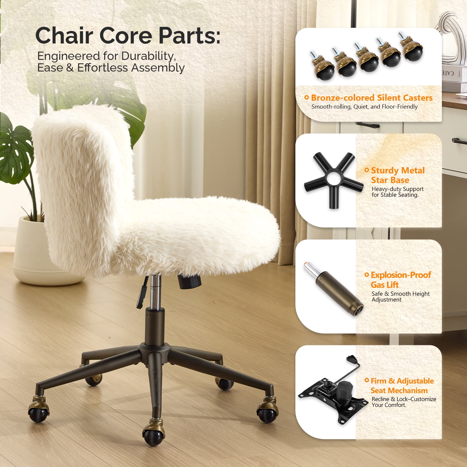 Ktaxon Vanity Chair, Adjustable Desk Chair with Metal Base and Swiveel Casters, Long Pile Fabric Makeup Chair for Women, Ideal for Office,Study and Home White