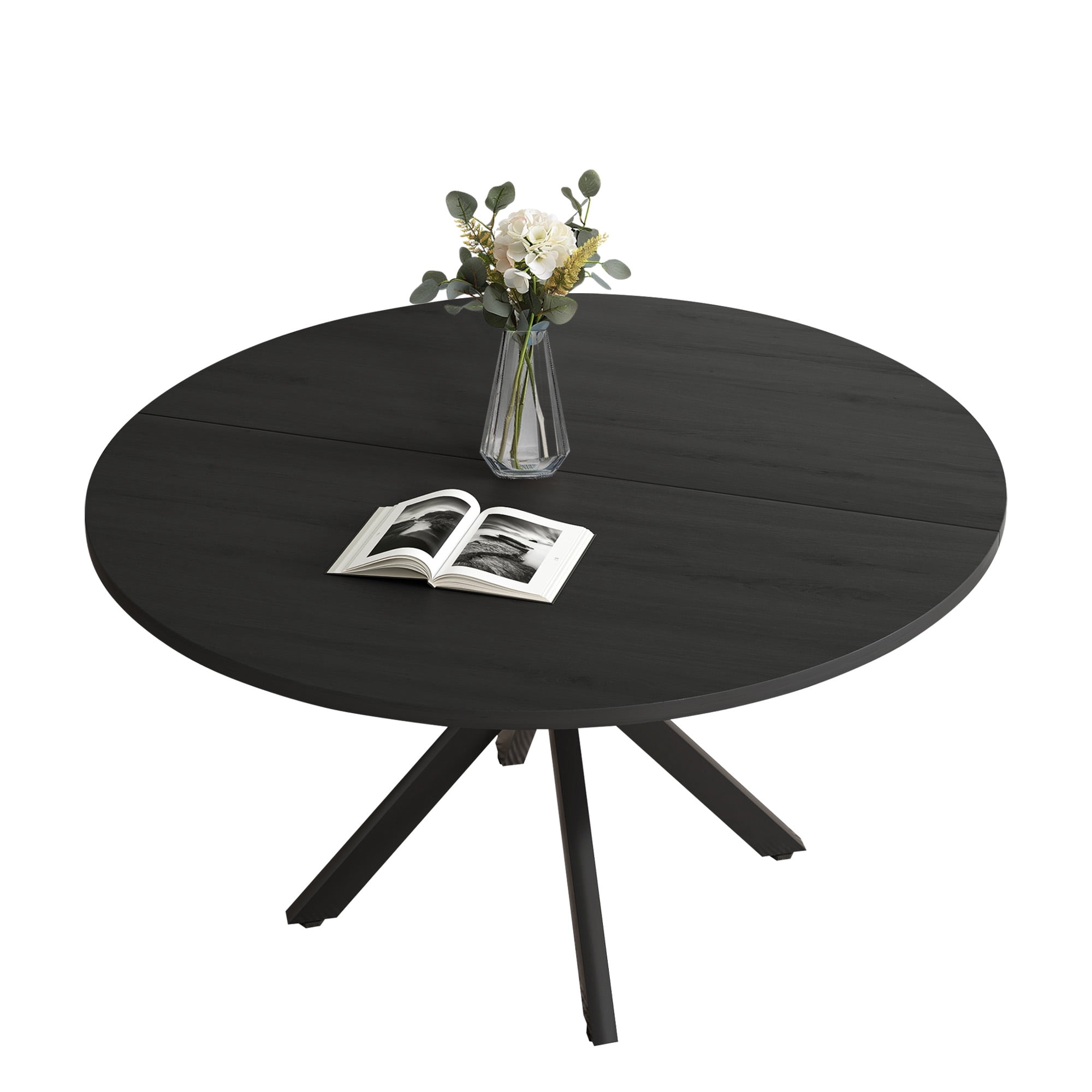 MAYEERTY 47"Round Modern Dining Table Fits 4-6, Farmhouse Style,Metal Frame for Kitchen/Dining Room, Black