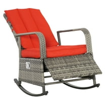 Wicker Rocking Chair Outdoor Recliner with Cushion, Adjustable Footrest, Red - Patio Lawn Furniture