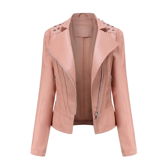 DondPO Leather Jacket Women Women Leather Jacket Faux Motorcycle Coat Short Lightweight Pleather Crop Coat Fashion ZIpper Leather Jacket Leather Blazer Women Black Leather Jacket Pink L Clearance!