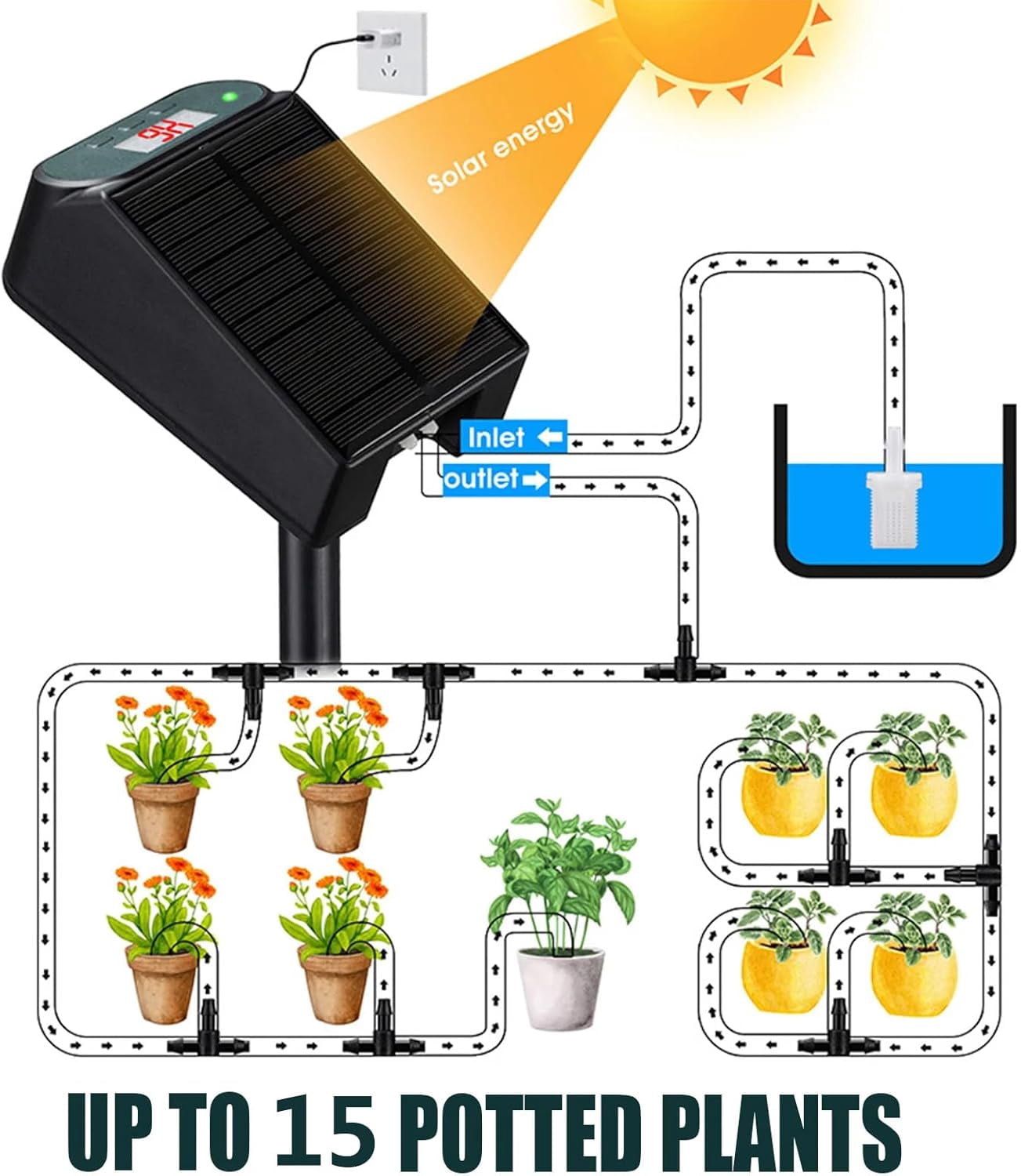 Solar Drip Irrigation System Kits with Time, USB Powe Auto Indoor Plant Watering Devices for 15 Potted Plants, with Anti-Siphoning Device
