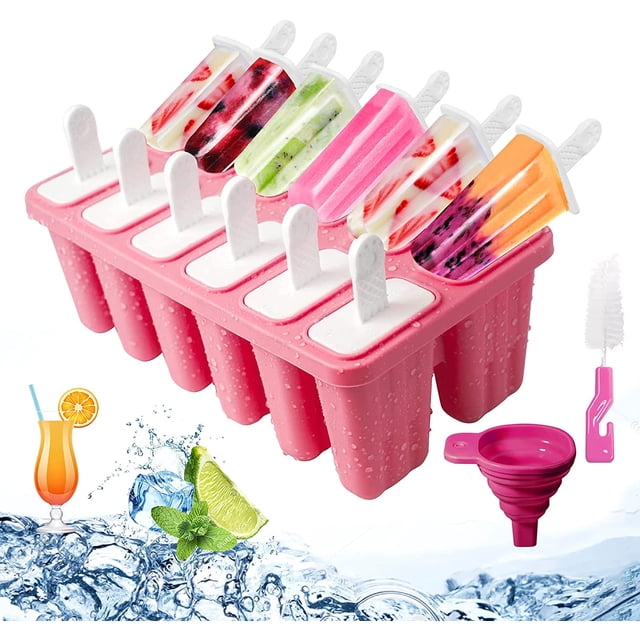 Popsicle Molds Silicone Ice Cream Mould Ice Lolly Mold with Sticks and Drip Guards Reusable Ice Pop Makers in 12 Cells for Kids Gift Red